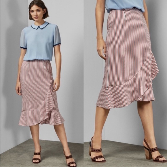 Ted Baker Coryn Striped Asymmetrical Ruffle Hem Skirt Pink NWT - Picture 16 of 16